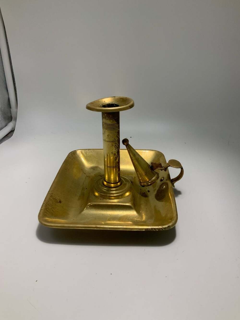 Antique Brass Chamberstick Candle Holder with Snuffer and Square Base